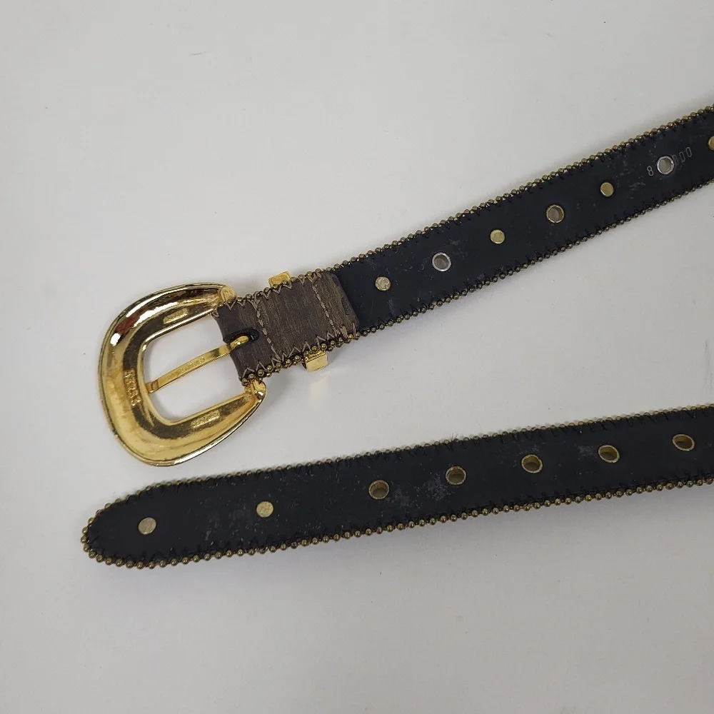 Vintage Genuine Leather Western Gold Belt adjustable silver hardware - Picture 8 of 9
